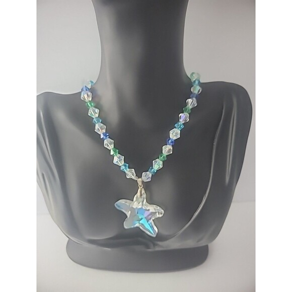 Vintage Necklace Beaded Iridescent Pendant Star Woman Jewelry Costume - Picture 5 of 11